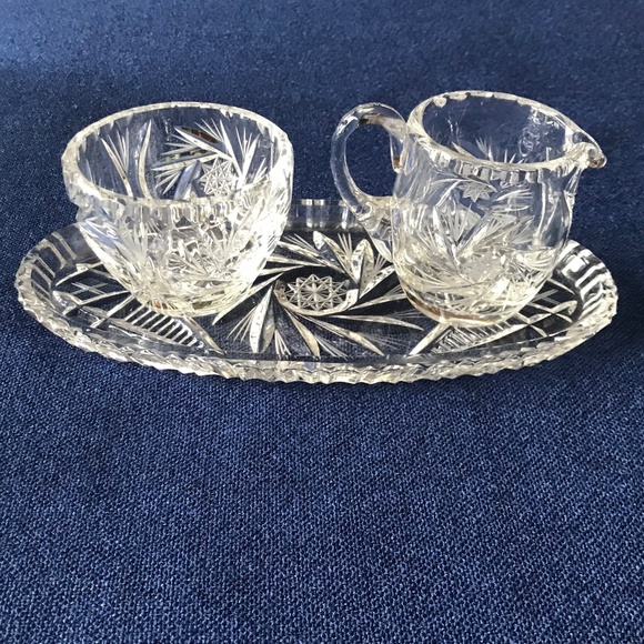 Vintage Pin Wheel Cut Crystal Cream and Sugar on Tray  Set of 3 - Picture 3 of 4
